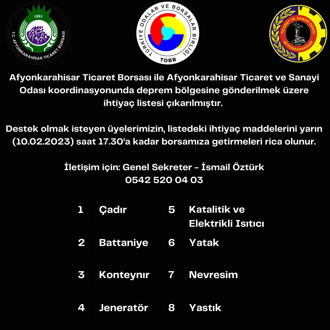 Deprem Bölgesi İçin İhtiyaç Listesi